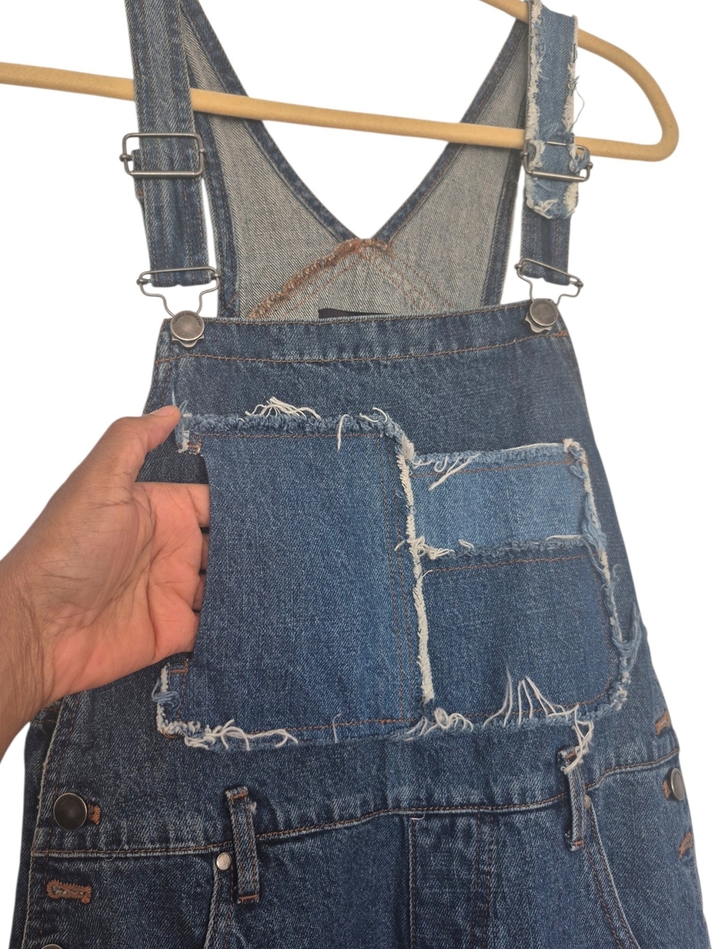 Zara Trafaluc Denimwear Mom Fit Overalls Distressed Patchwork Bib Jeans M - Picture 7 of 9